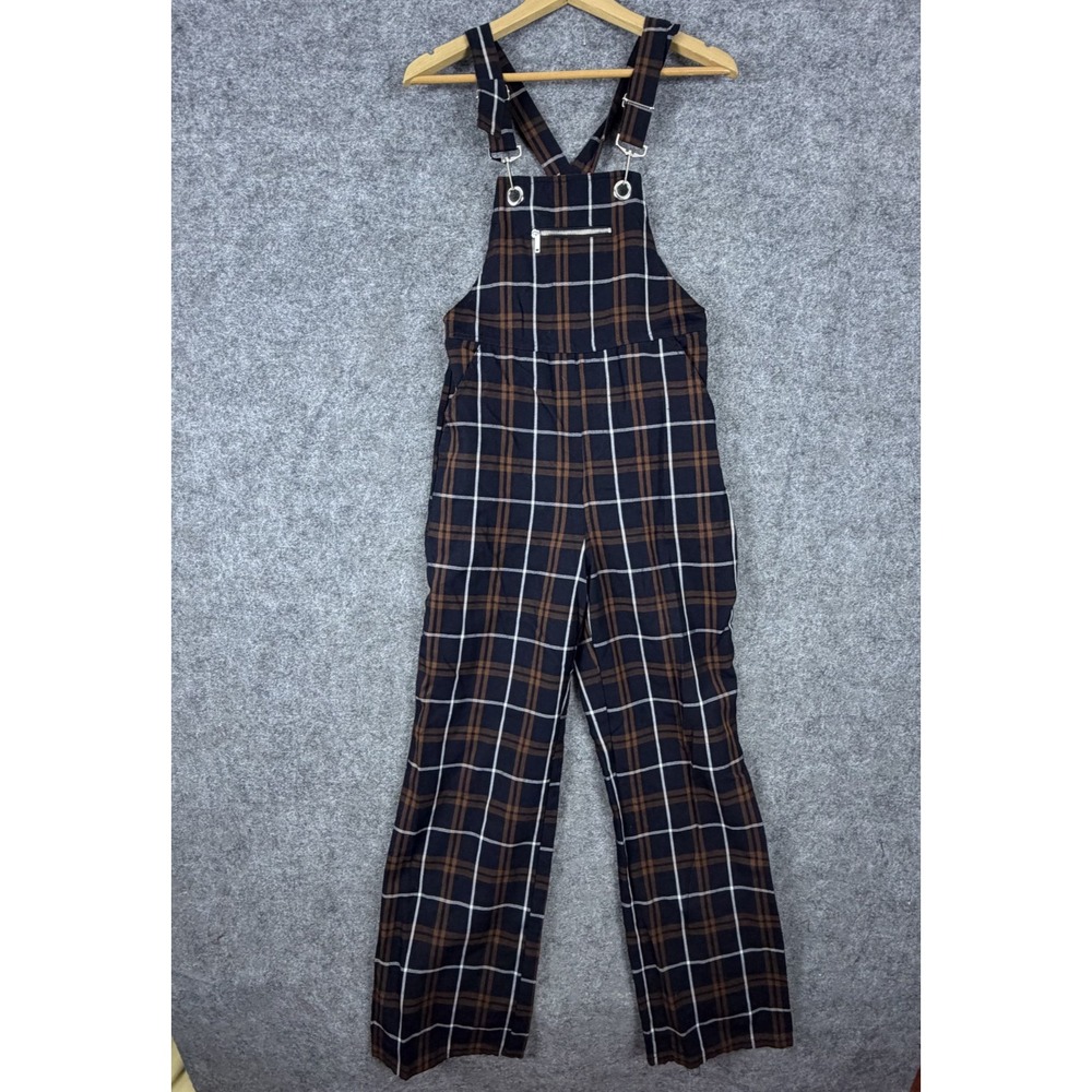 Stradivarius Bib Overalls Women 8 Dark Plaid Check Preppy Hippie Adjustable